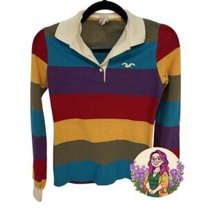 VTG Wrangler Rainbow Stripe Long Sleeve Polo Shirt Small 70s Retro Whimsygoth